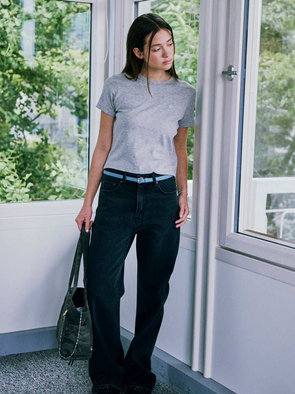 Low Classic Studded Leather Slim Long Belt Blue