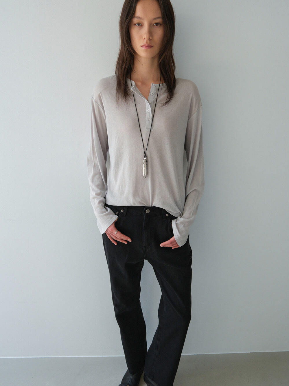 Low Classic Henley Neck Cotton Long Sleeve T-Shirt Navy