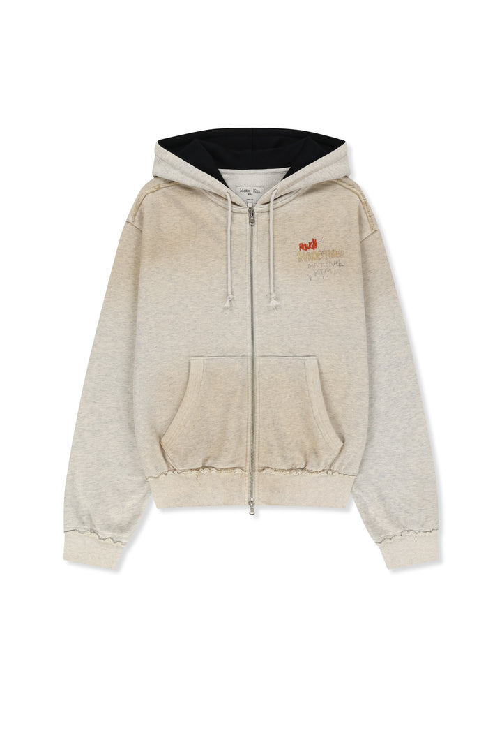 Matinkim Vintage Washed Color Contrast Hoody Zip UP IN Light Beige