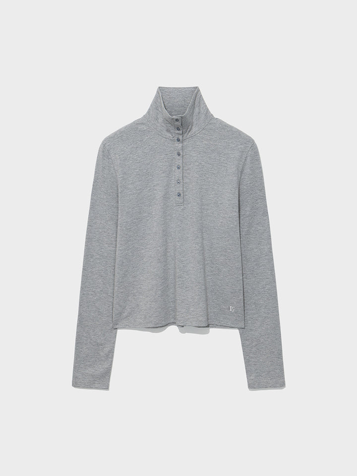 Low Classic Buttoned High-Neck Tee Melange Grey