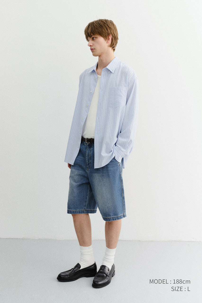 Dunst Pleated Bermuda Denim Shorts Classic Blue