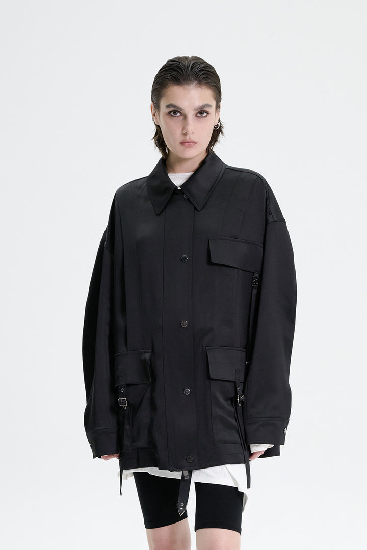 Treemingbird Glossy Satin Strap Jacket Black