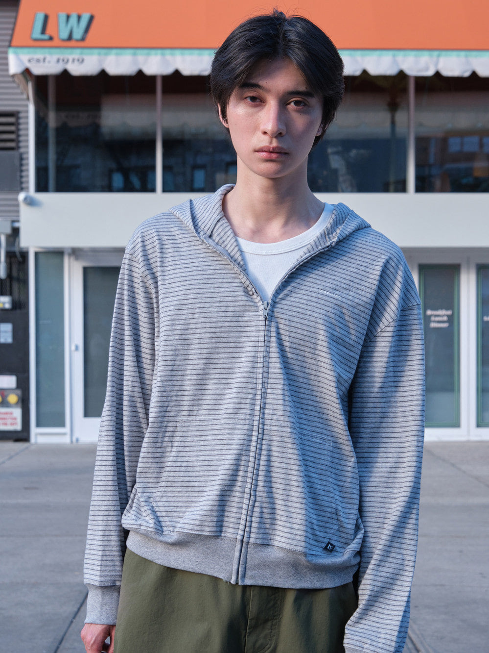 Low Classic Lc Striped Zip-Up Hoodie Melange Grey