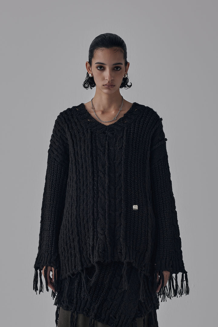 Treemingbird Wool Damage Tassel Knit Set-Up Pullover Black