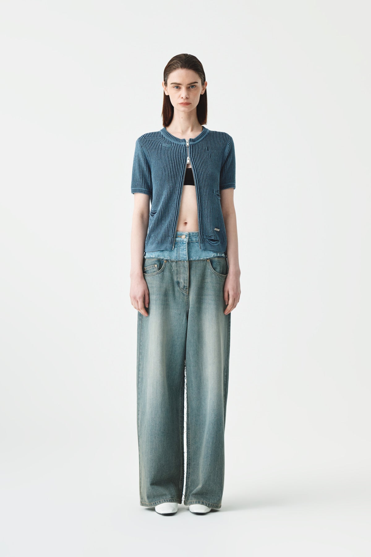 Matinkim Matin Kim Damaged Half Sleeve Knit Zip UP IN Blue