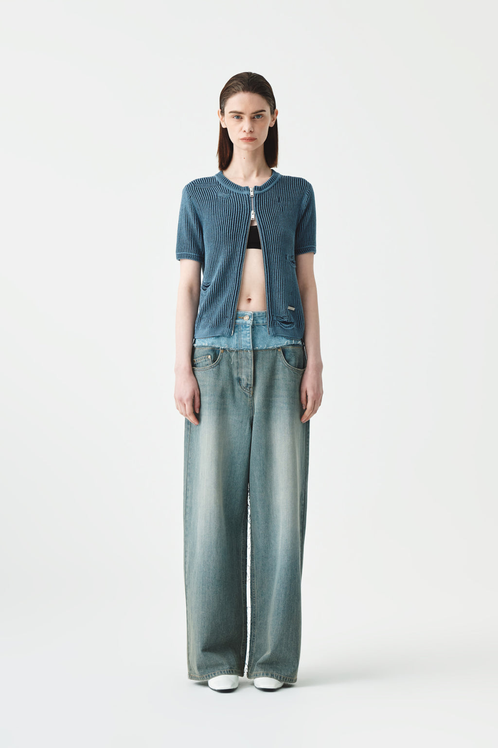 Matinkim Matin Kim Damaged Half Sleeve Knit Zip UP IN Blue
