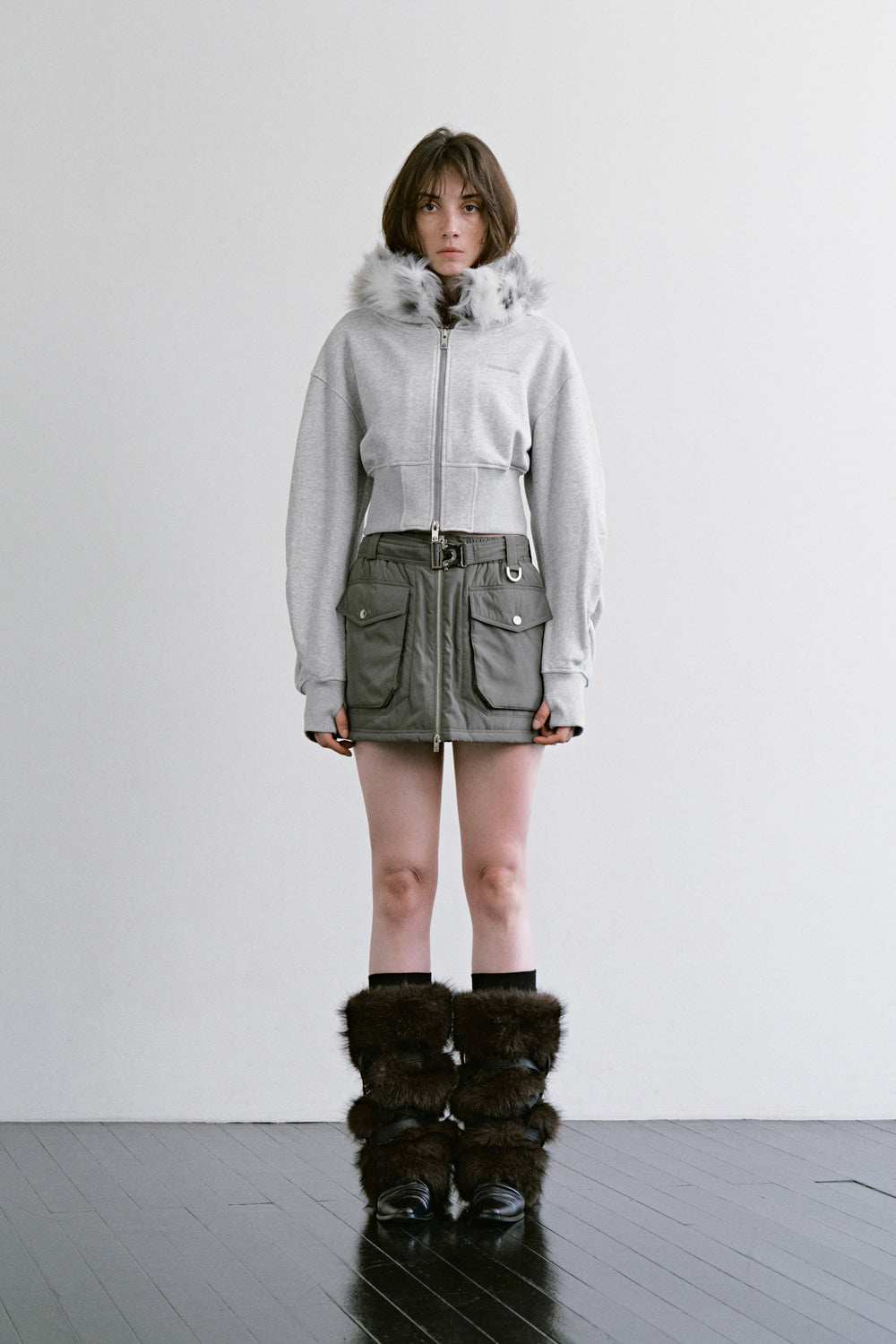 Treemingbird Fur-Trim Hooded Zip-up Melange Gray