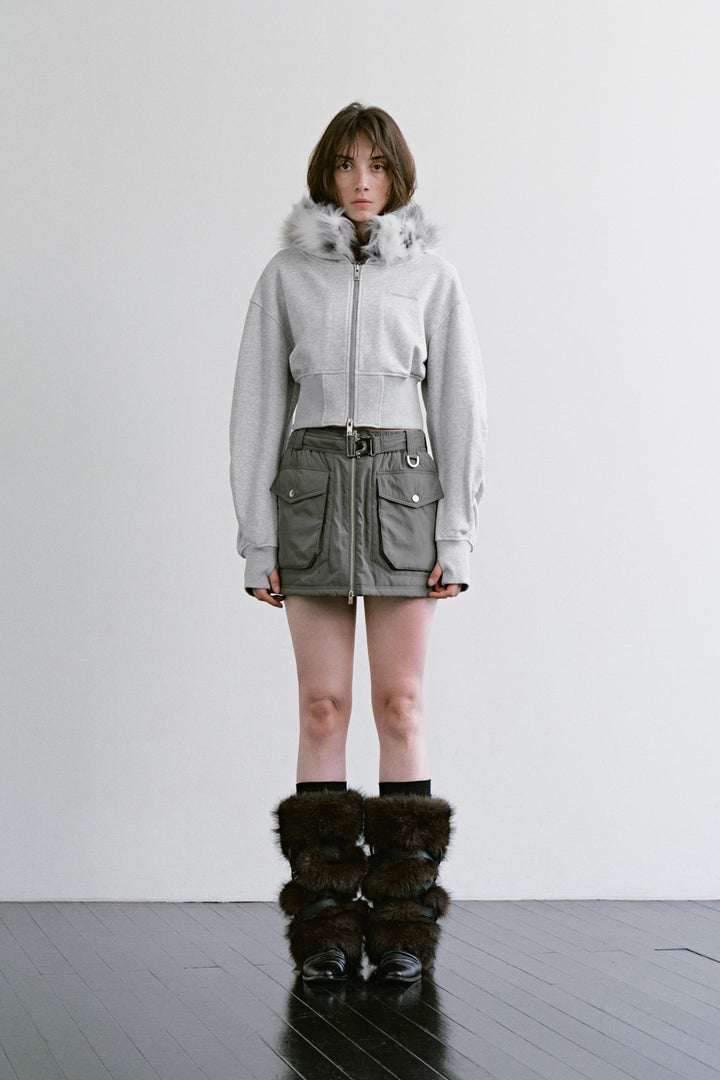 Treemingbird Fur-Trim Hooded Zip-up Melange Gray