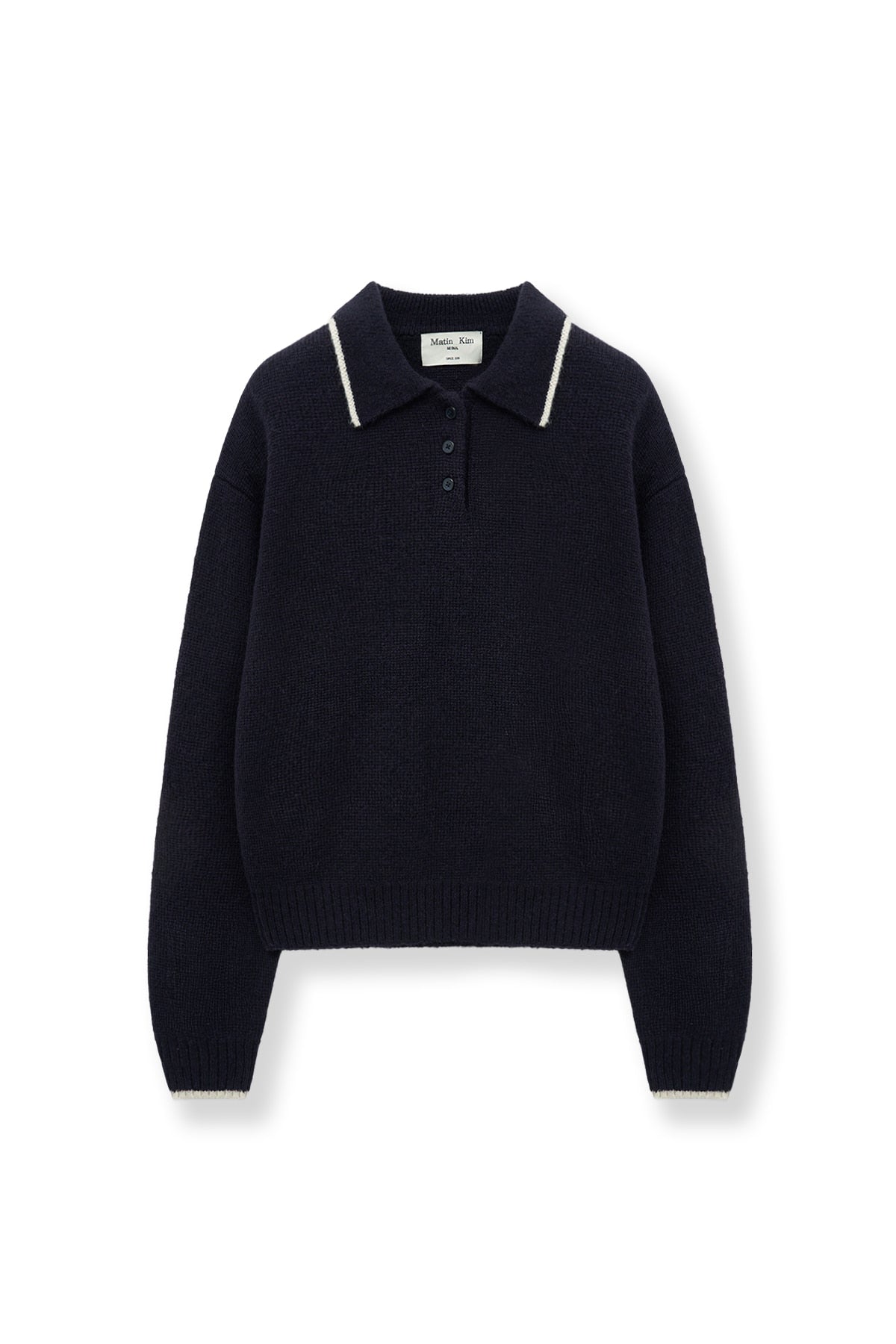[matinkim] BACK LOGO COLLAR KNIT TOP FOR WOMEN IN DARK NAVY