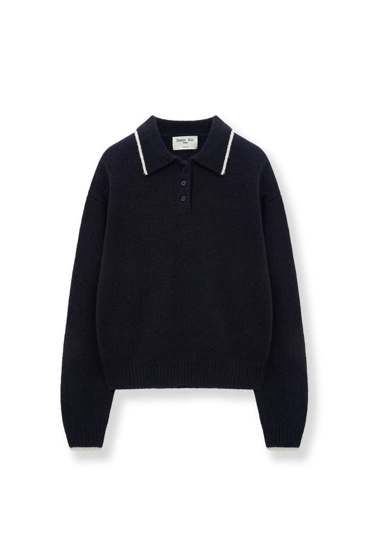 Matinkim Back Logo Collar Knit Top For Women IN Dark Navy