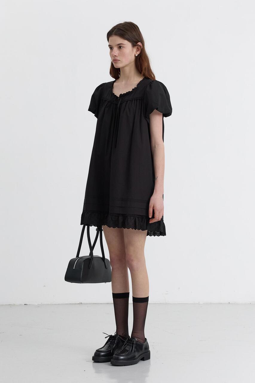 Dunst Puff Shirring Mini Dress Black