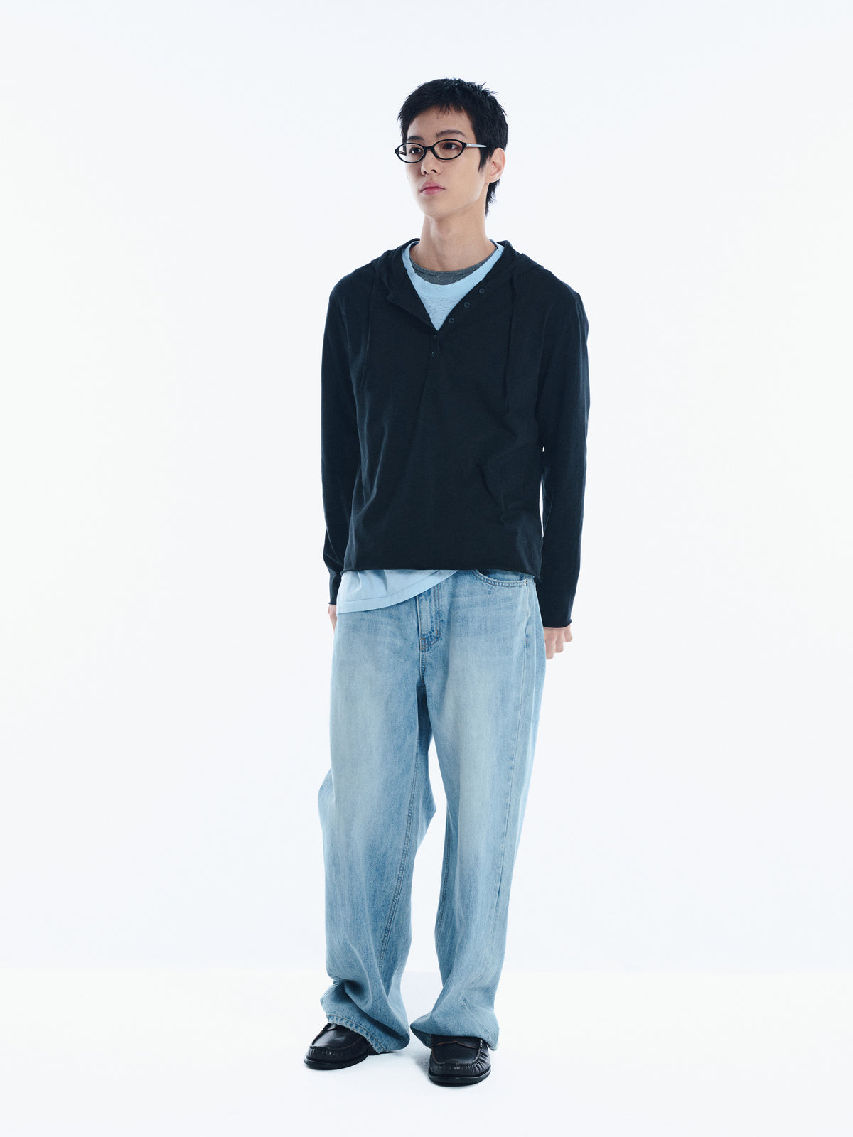 Low Classic Henley-Neck Jersey Hoodie Black
