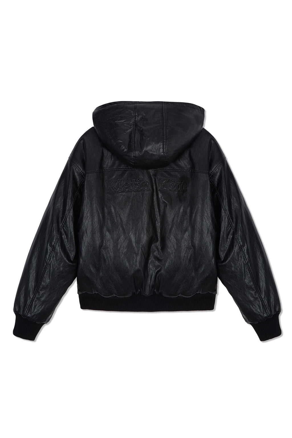 [matinkim] FAUX LEATHER ZIP UP HOODY IN BLACK