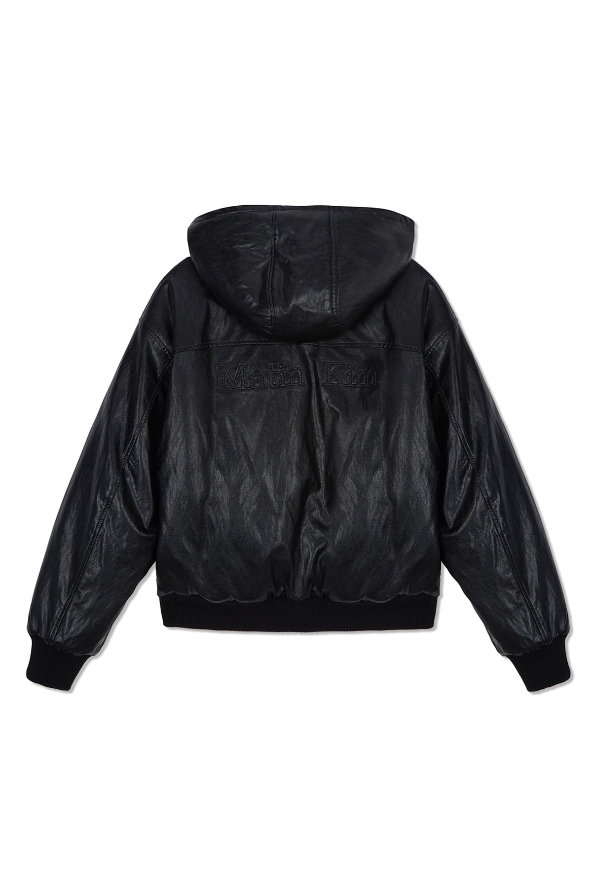 [matinkim] FAUX LEATHER ZIP UP HOODY IN BLACK