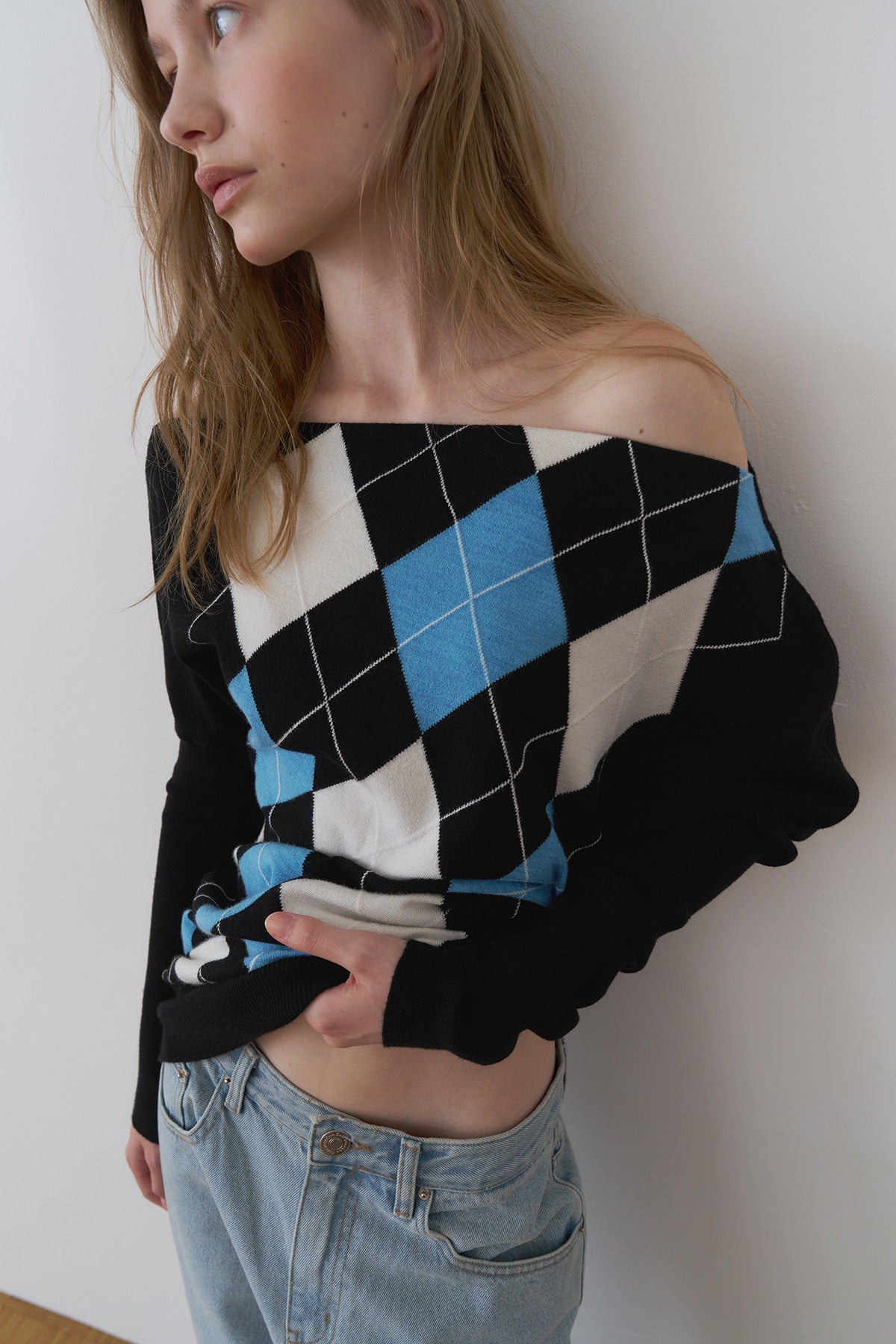 Overdueflair Asymmetric Drape Argyle Knit Mono Blue