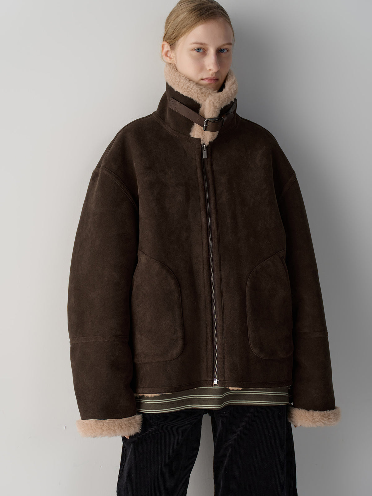Facade Pattern Lambswool Suede Shearling Jacket brown