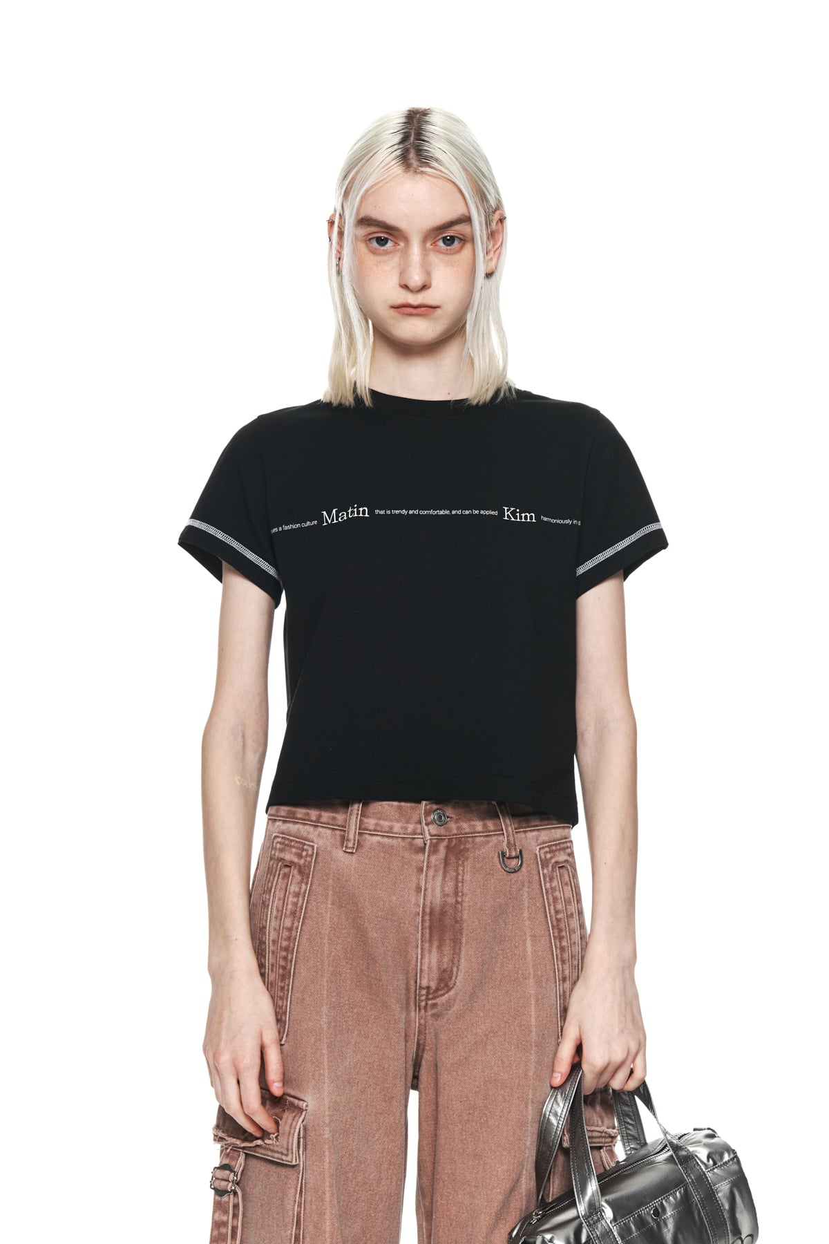 [matinkim] MATIN SMALL LINE LOGO STITCH CROP TOP IN BLACK