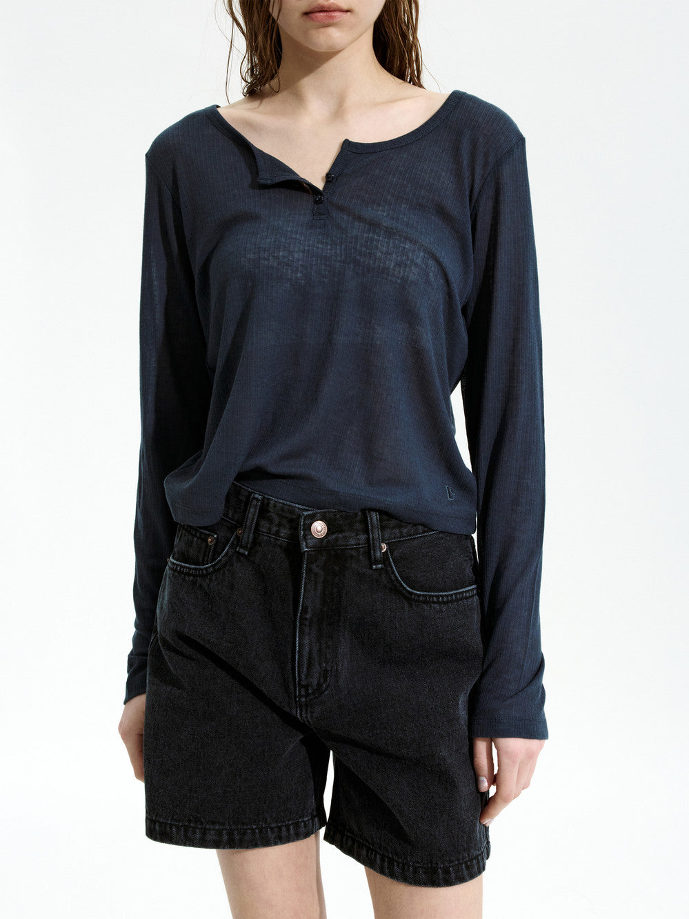 Low Classic See-Through Henry Neck Long Sleeve T-Shirt Charcoal Navy