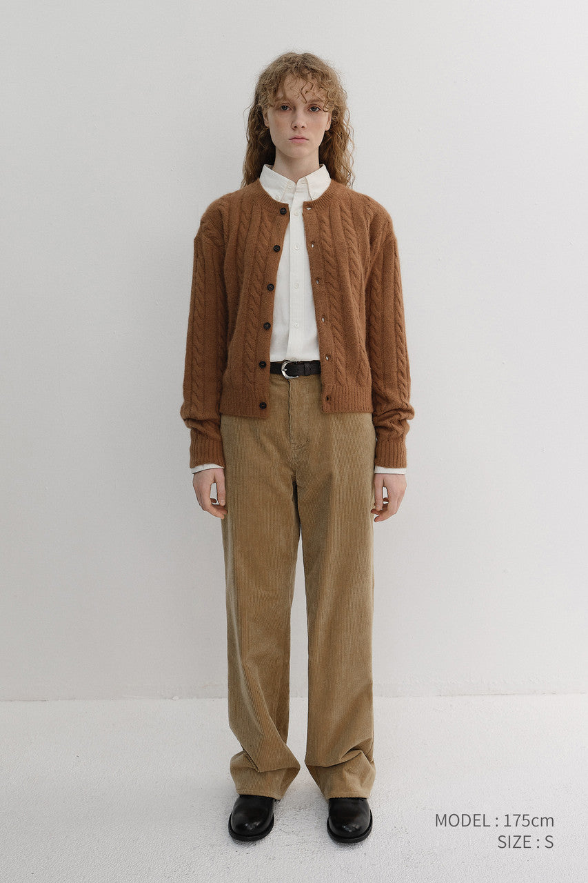 Dunst Unisex Hairy Cable Crew Neck Cardigan Camel
