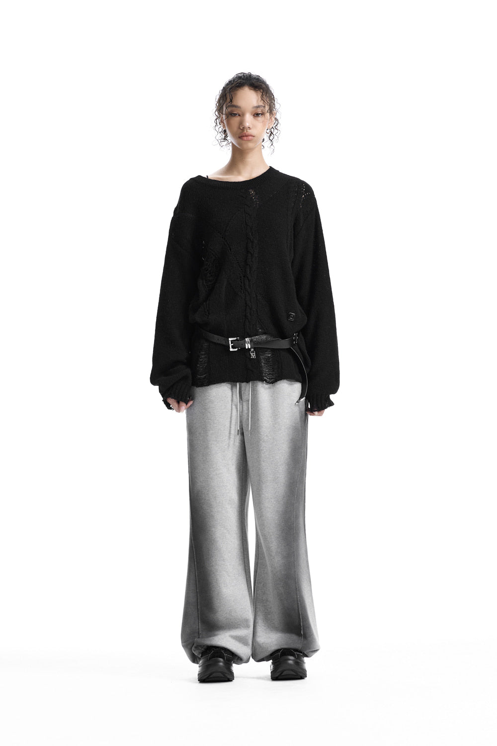 Treemingbird Distressed Cable-Knit Top Black