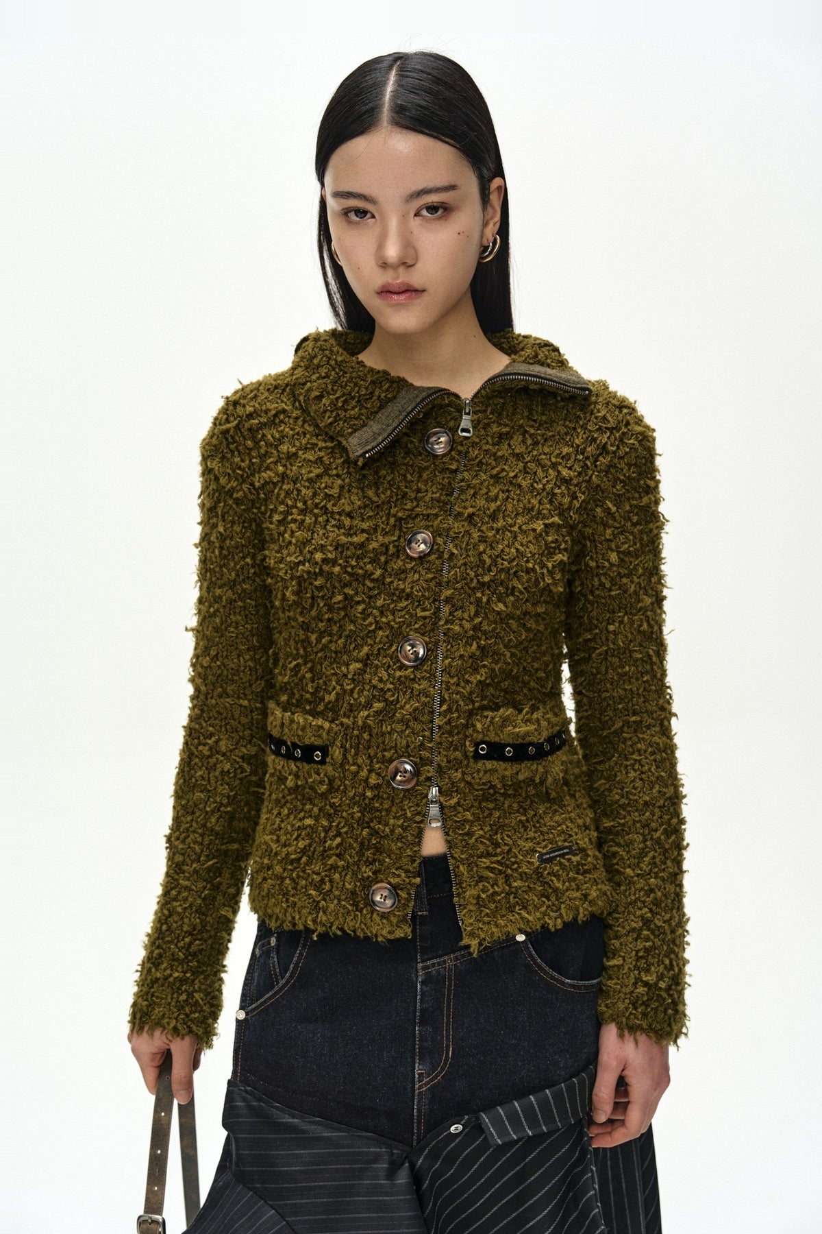 Andersson Bell Button & Trim Hairy Zip-Up Cardigan
