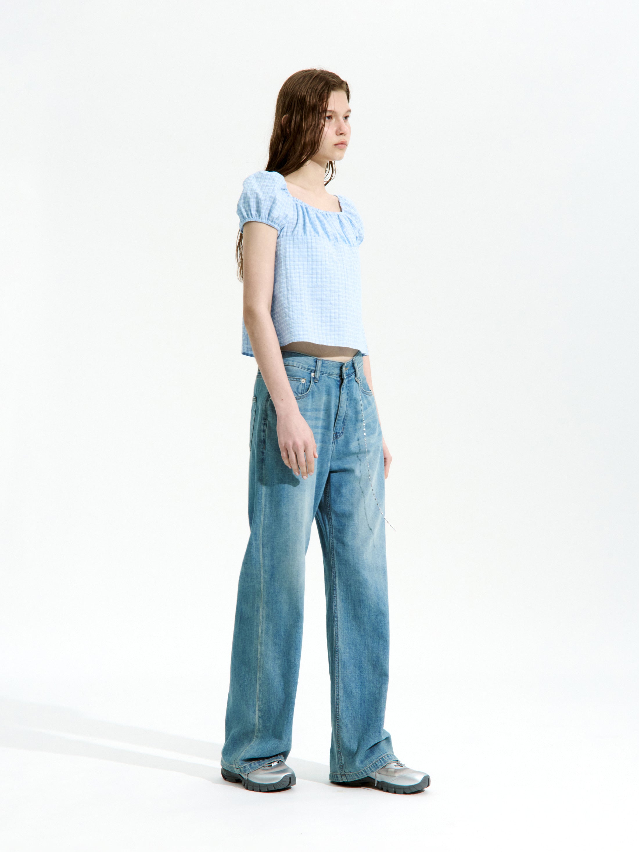 Low Classic Shirring Cotton Top Blue Check