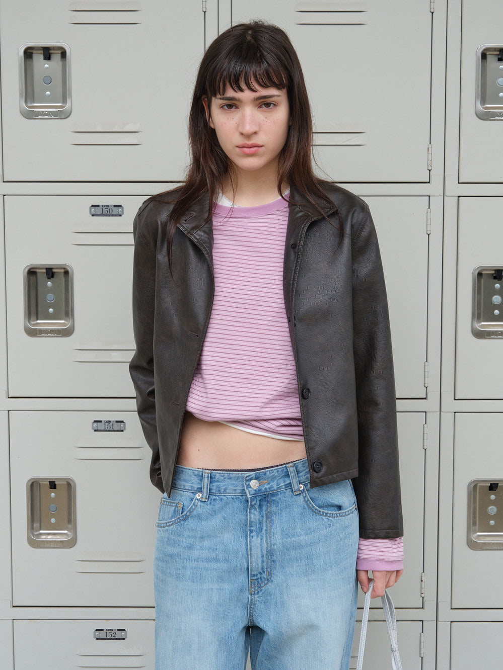 Low Classic Washed Artificial Leather Short Jacket Brown