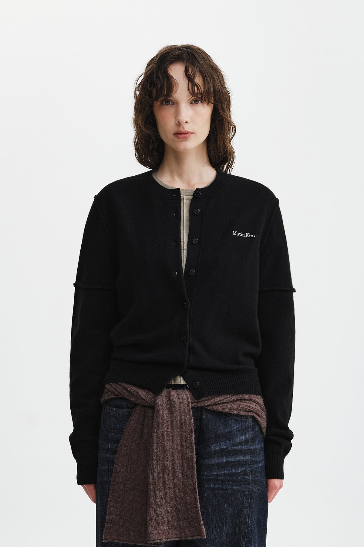 Matinkim Cashmere Blended Cutline Round Cardigan IN Black