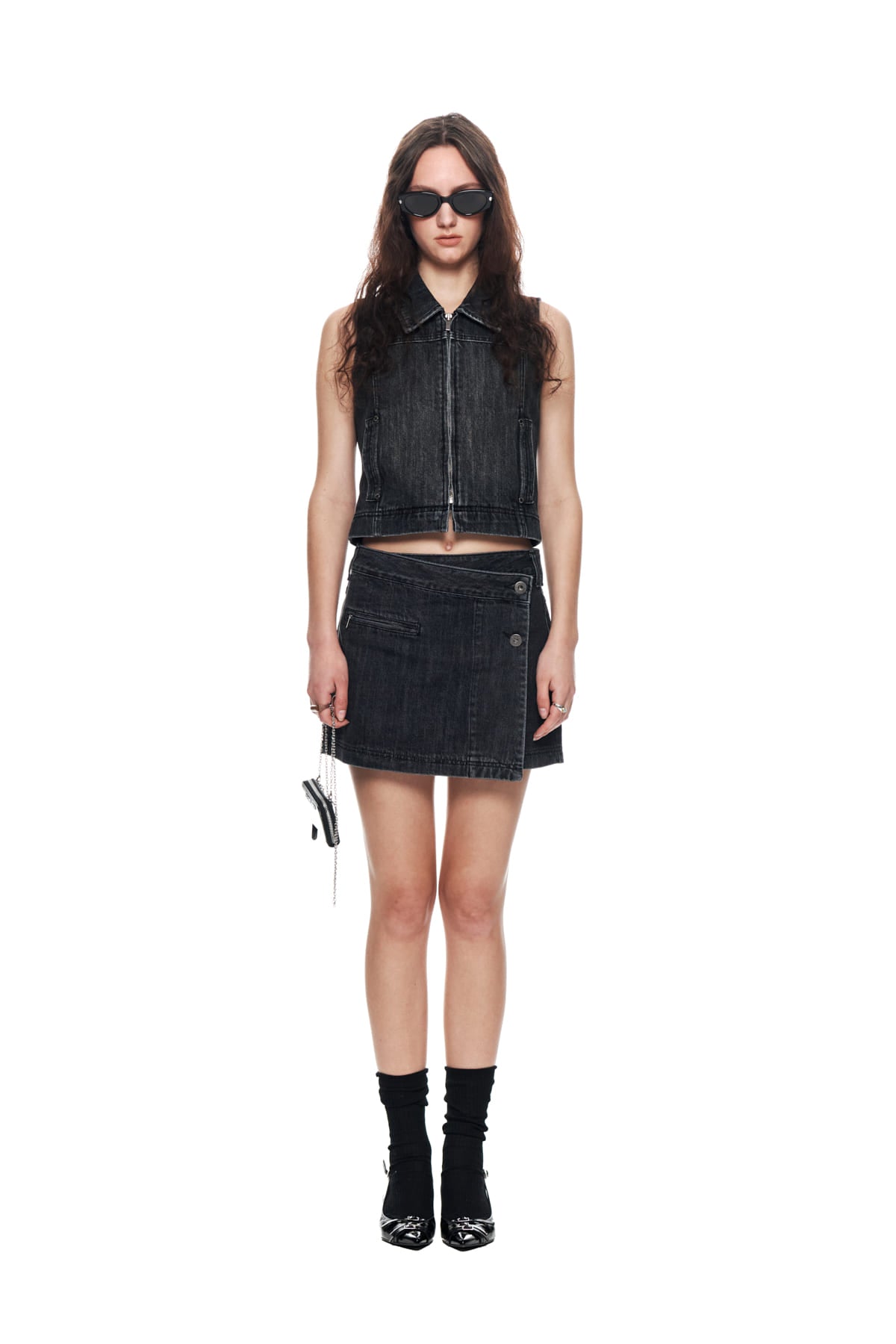 [matinkim] PLEATS WRAP DENIM MINI SKIRT IN BLACK