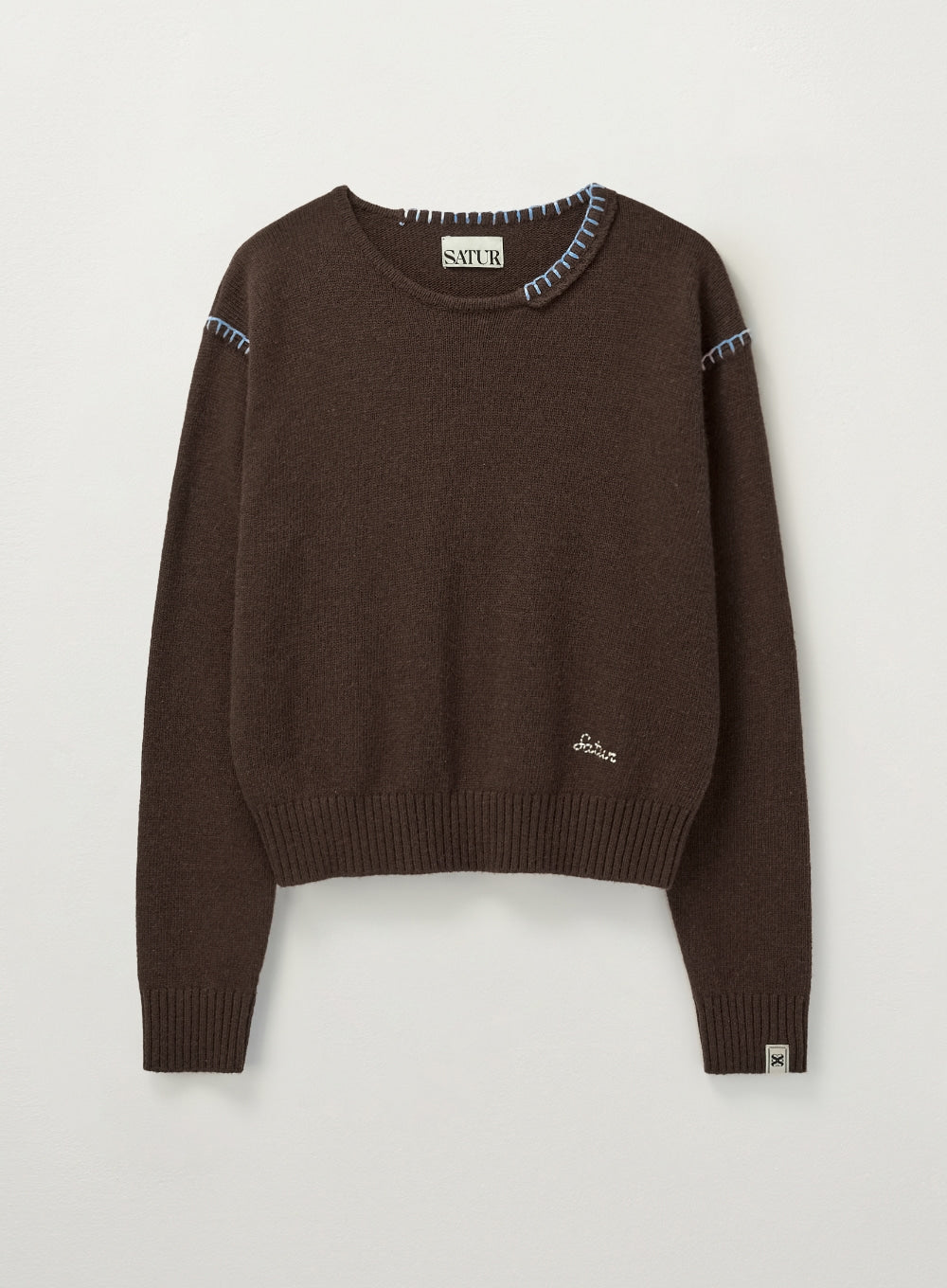 [satur] (W) Contrast Stitch Semi Crop Knit - Brown