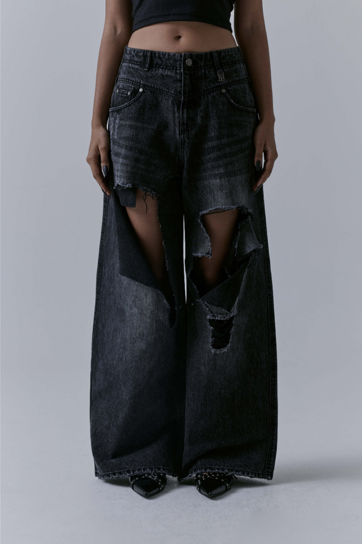 Treemingbird Flip Cut-out Damage Denim Pants Black