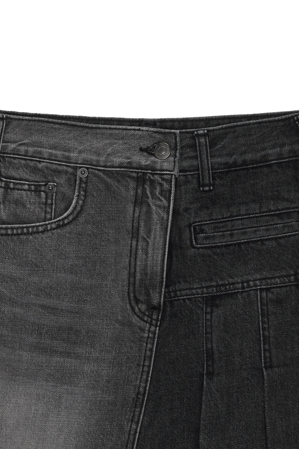 [matinkim] PLEATS POINT DENIM MIDI SKIRT IN CHARCOAL