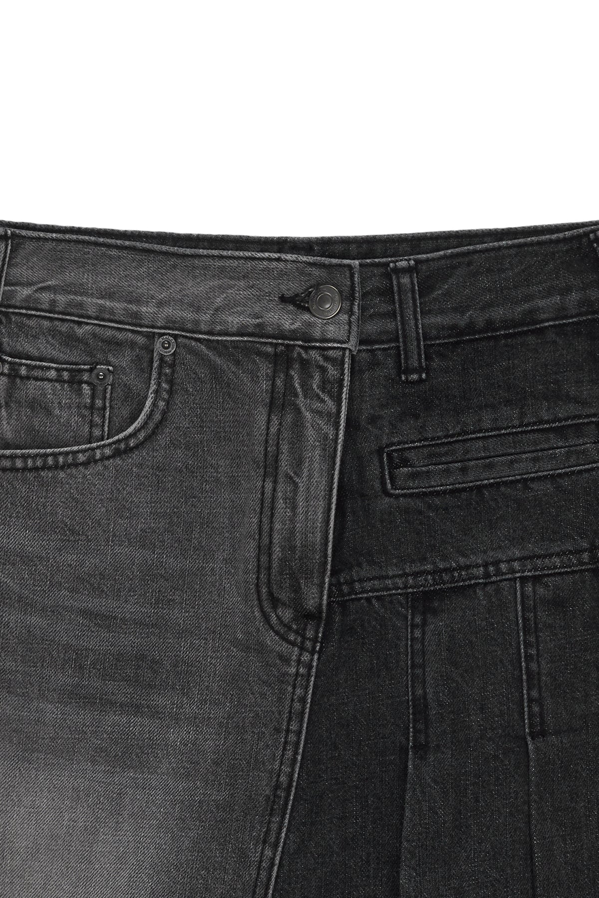 [matinkim] PLEATS POINT DENIM MIDI SKIRT IN CHARCOAL