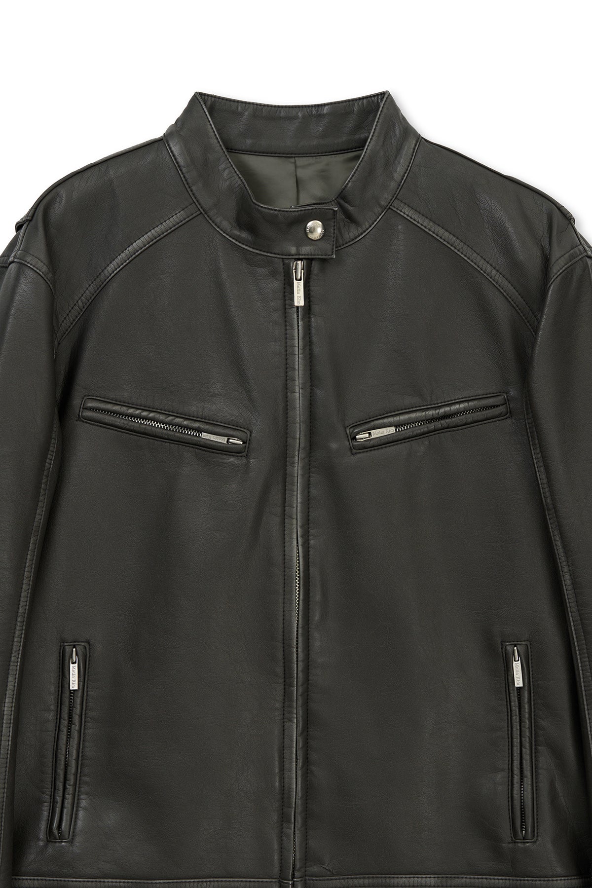 [matinkim] WASHED FAUX LEATHER RACER JUMPER IN CHARCOAL