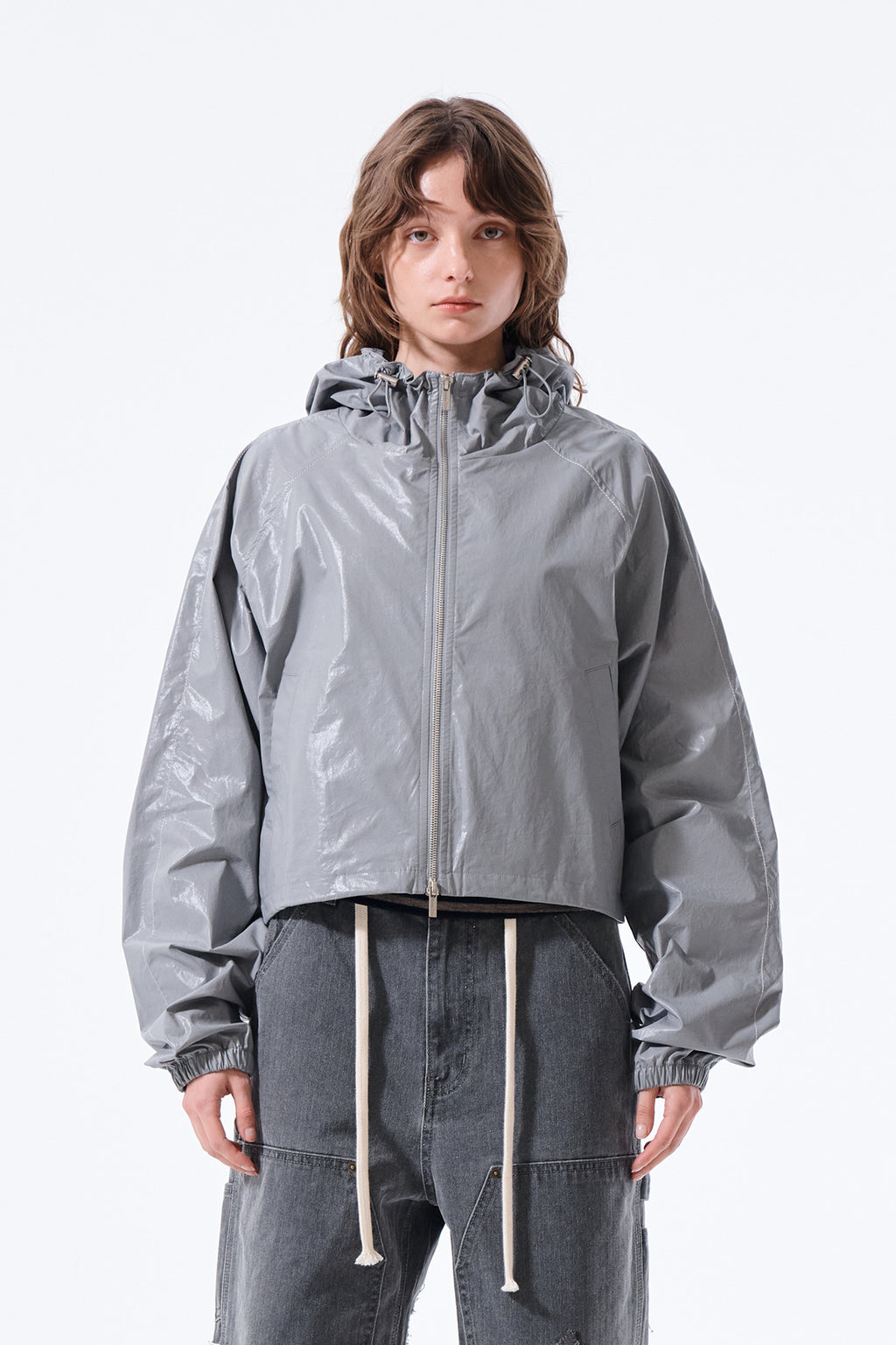 [matinkim] Matin Crop Hoody Coating Jumper IN Dark Grey