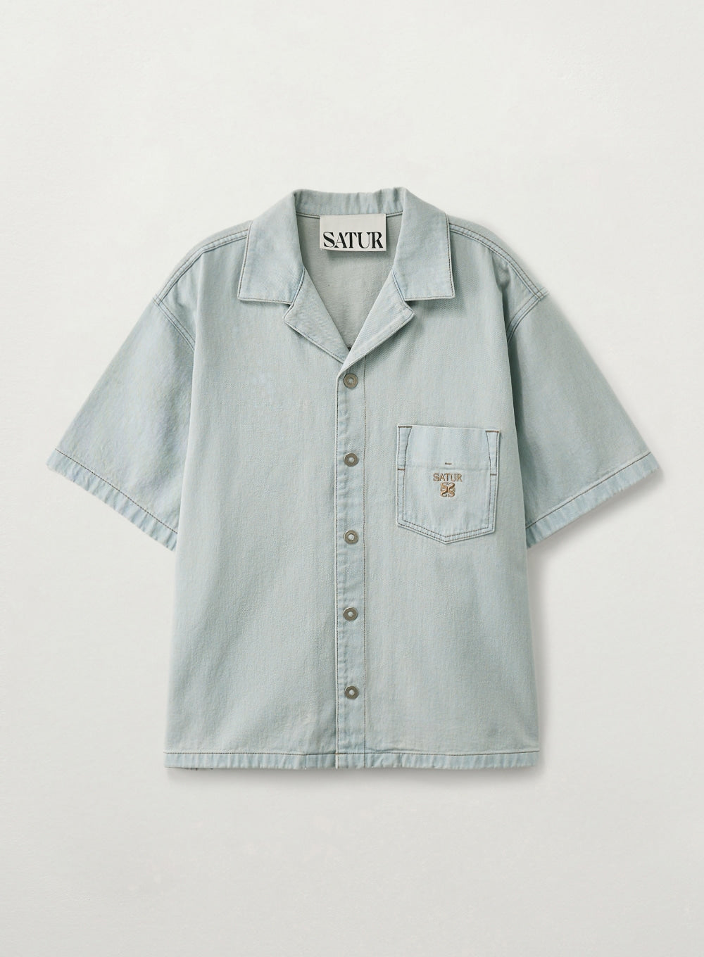 Satur Open Collar Half Denim Shirt - Light Blue