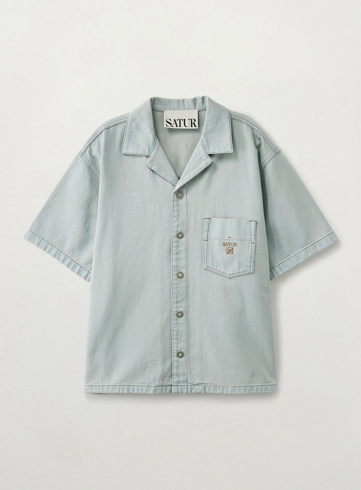 Satur Open Collar Half Denim Shirt - Light Blue