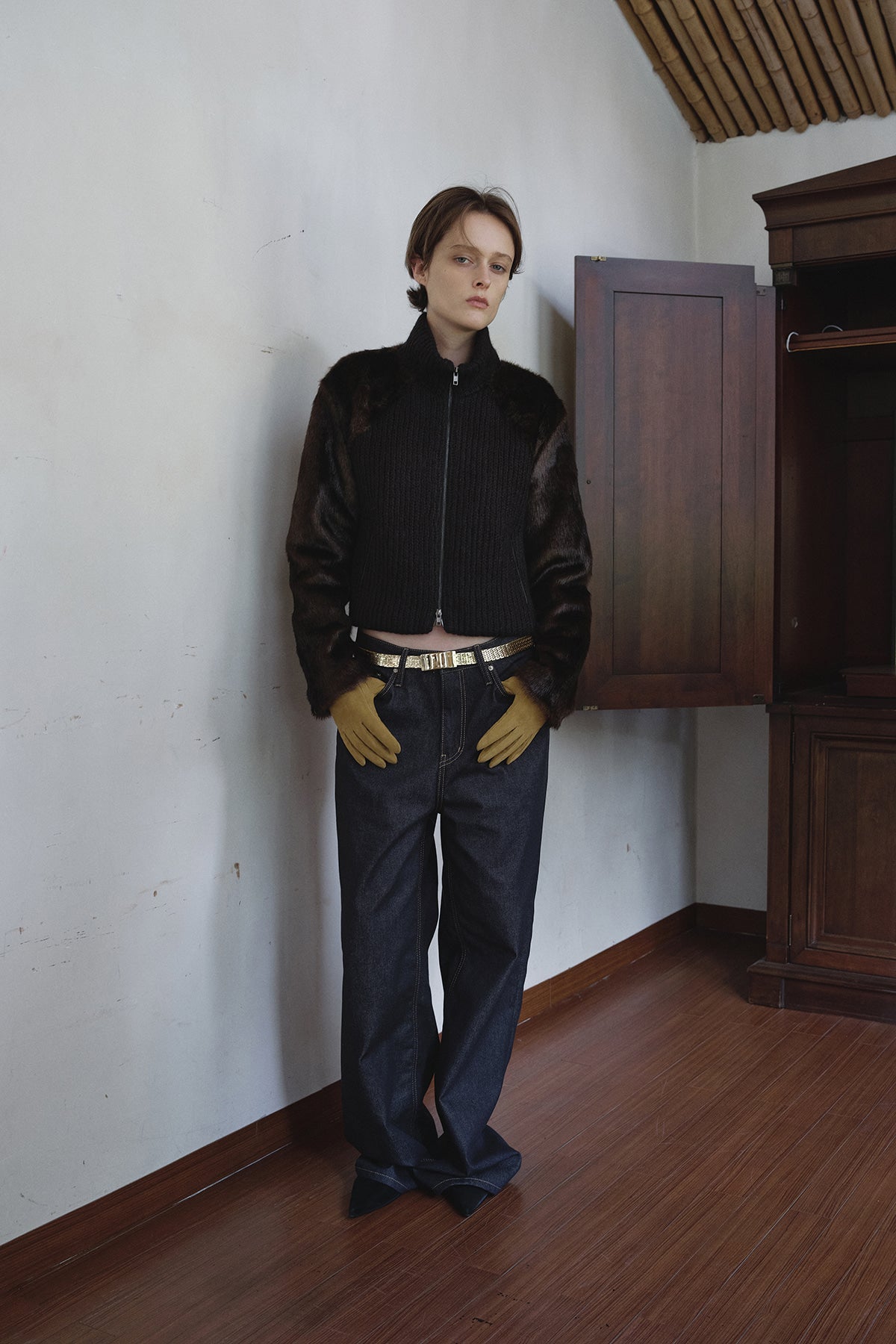 Overdueflair Fur Combi Wool Knit Jacket Black Brown