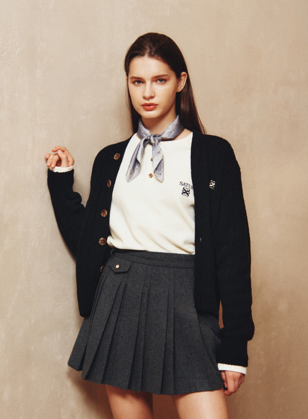 [satur] Waffle Henry Neck T-shirt - Cream