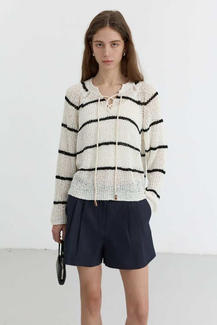 Dunst Crochet Edge Trim Knit Ivoryblack Stripe