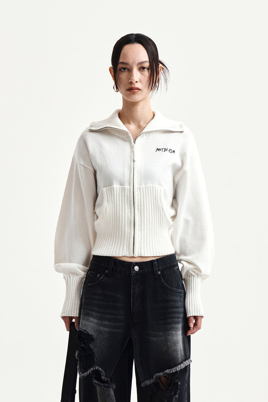 Matinkim High Neck Embroidered Logo Zip UP For Women IN Ivory