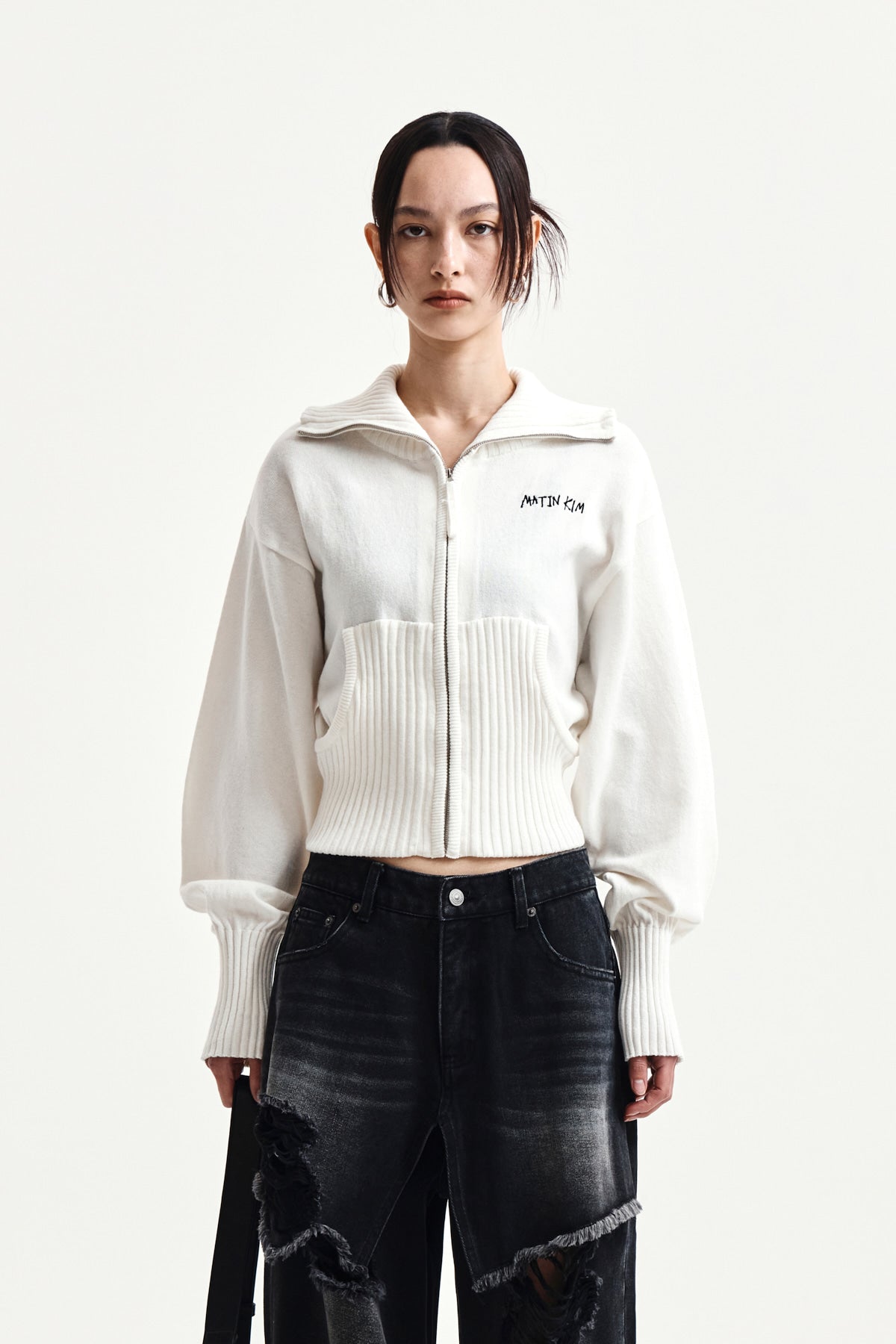 Matinkim High Neck Embroidered Logo Zip UP For Women IN Ivory