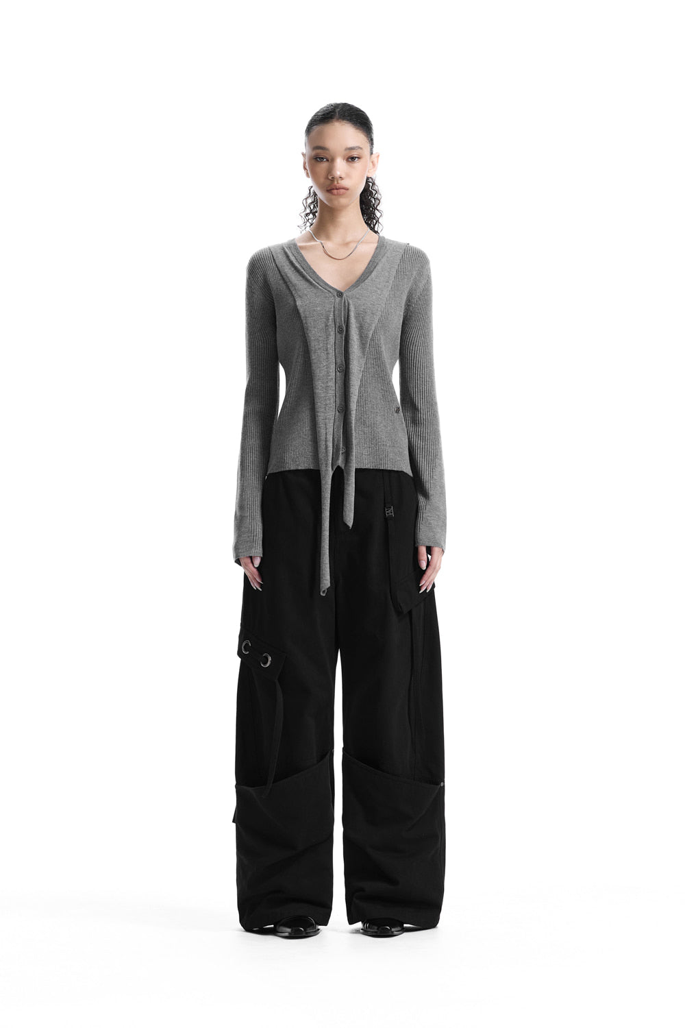 Treemingbird V-Neck Scarf Knit Cardigan Melange Gray