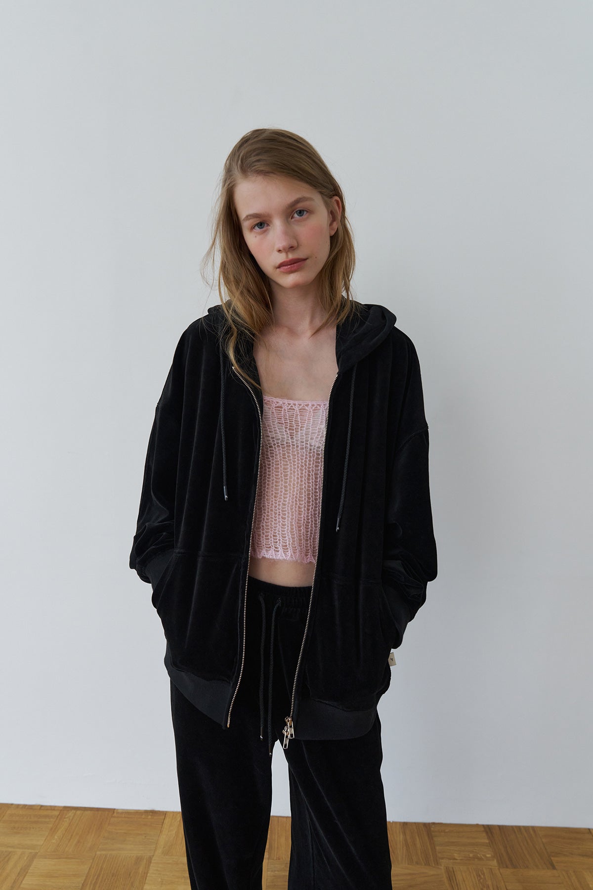Overdueflair Velvet Textured Zip-Up Hoodie Black