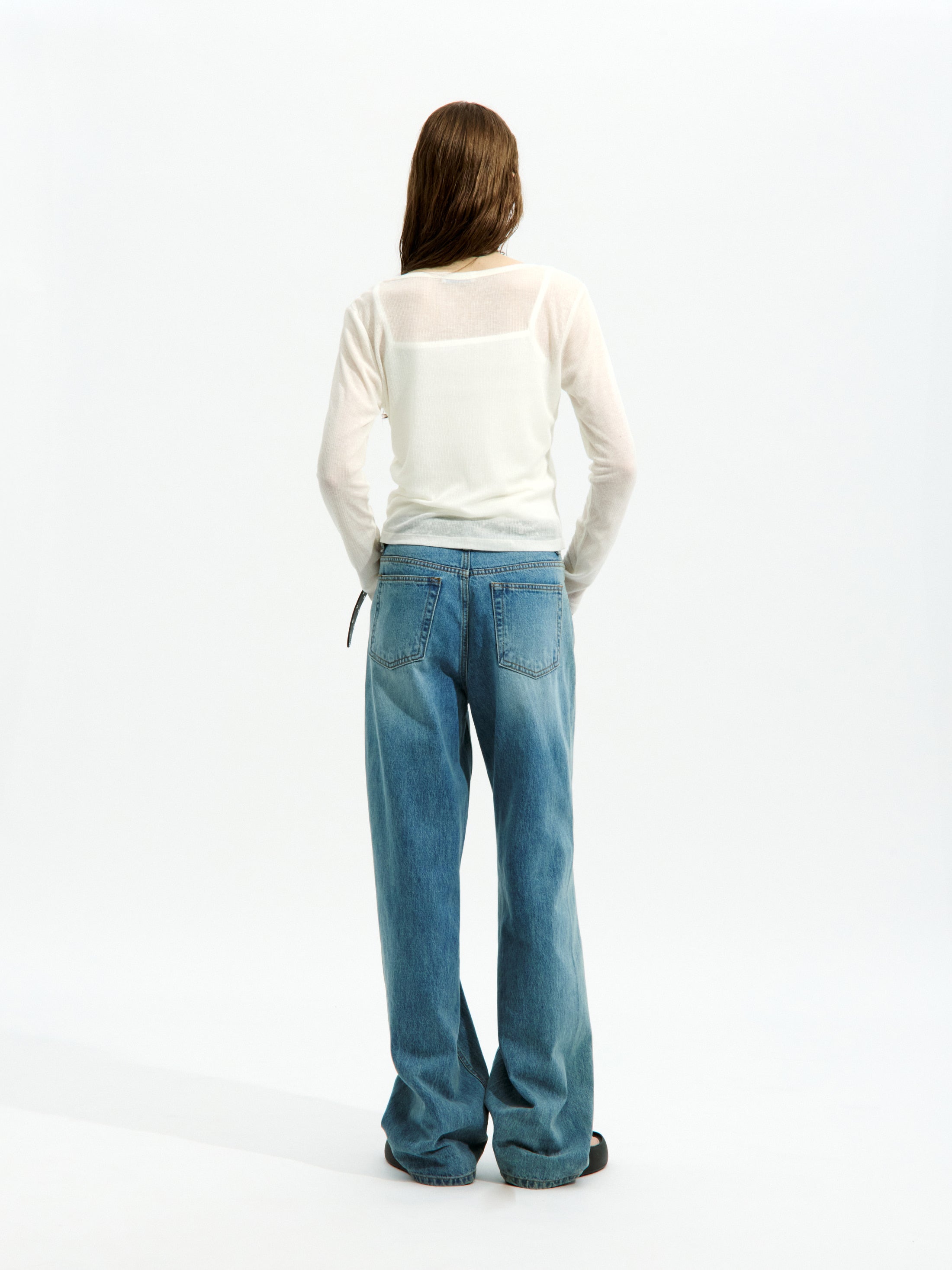 Low Classic See-Through Henry Neck Long Sleeve T-Shirt Ivory
