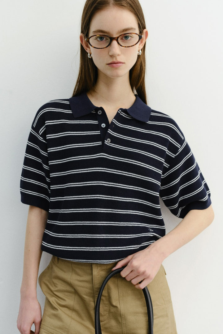 Dunst Unisex Soft Striped Polo Knit Navy