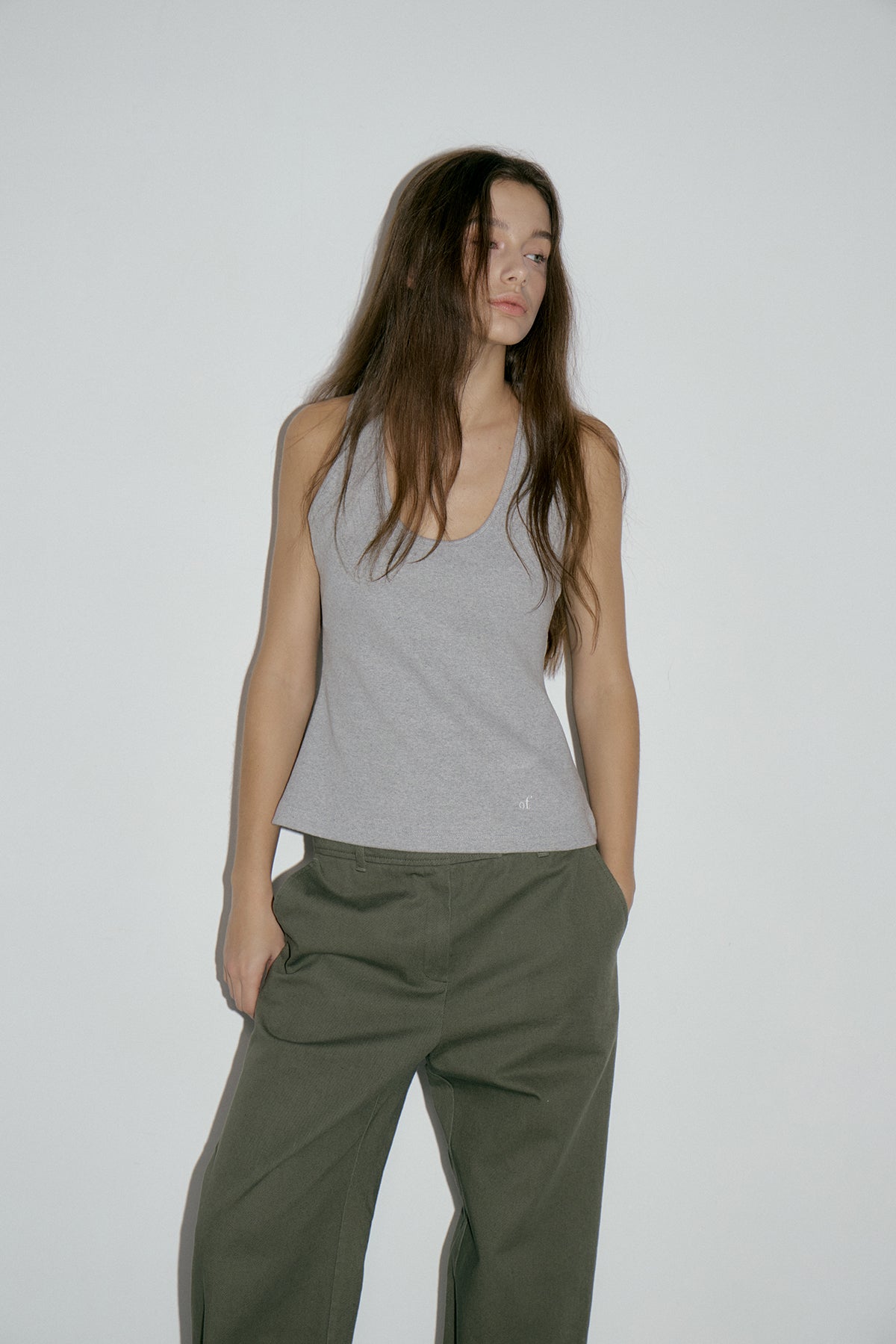 Overdueflair Ribbed Cotton U Neck Top Melange Grey