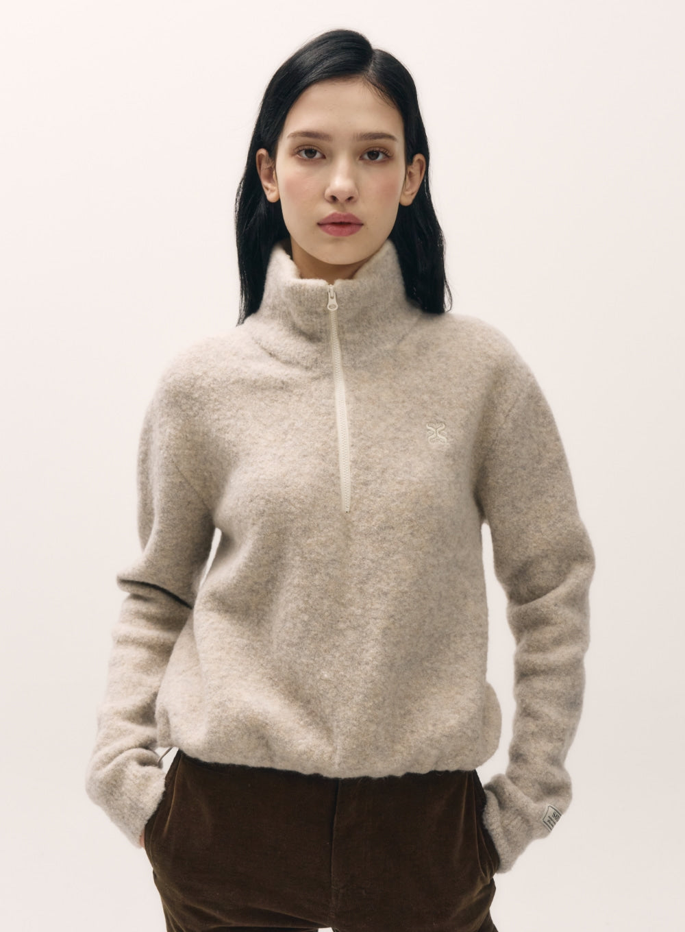 [satur] (W) Crop Half Neck Fleece Knit Zip-up - Oatmeal