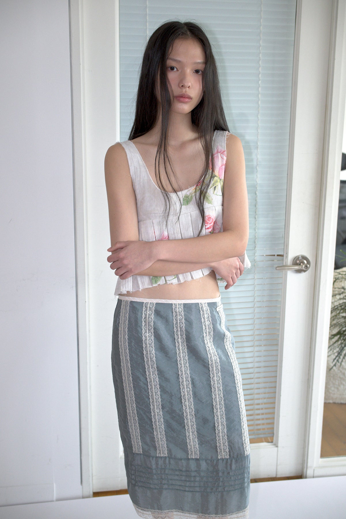 Overdueflair Lace Pintuck Midi Skirt Mid Grey