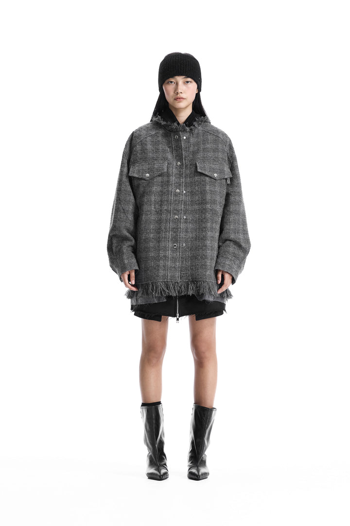 Treemingbird Frayed-Hem Tweed Jacket Gray